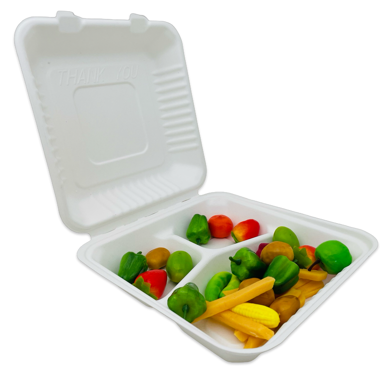 Bagasse Hinged Container 9X9 3-Comp HC99W-3C