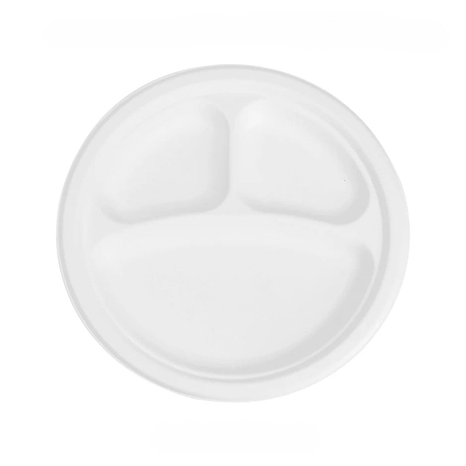9" Bagasse Plate Round 3-Comp, 500/CS